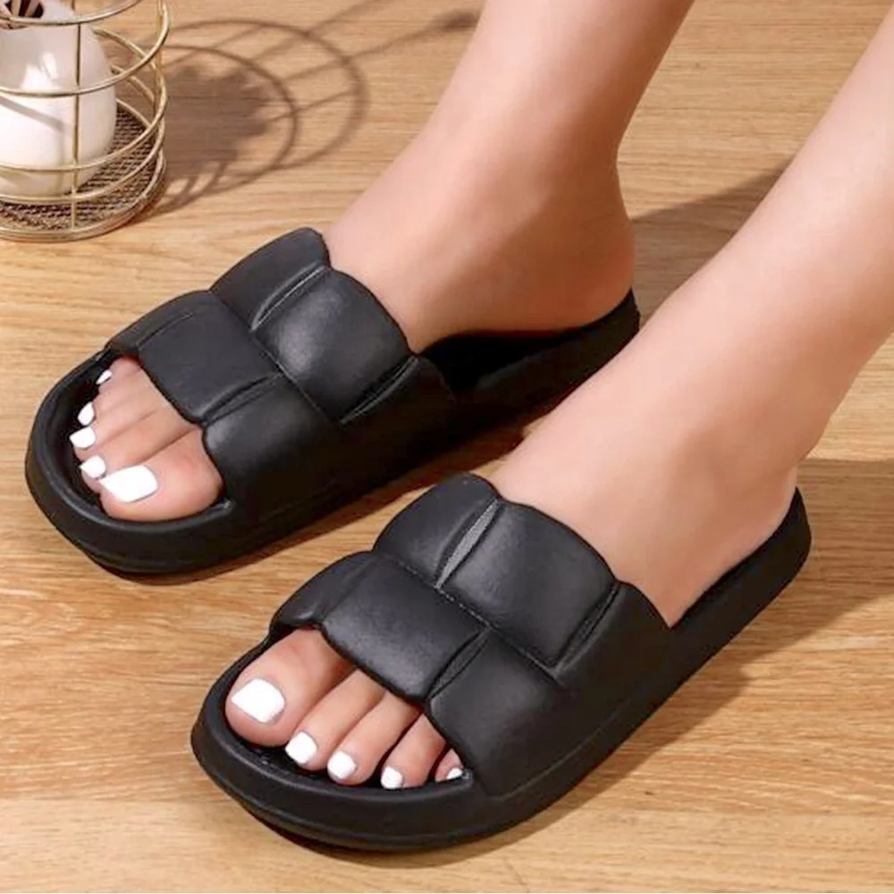 Black Pillow Textured Single Band Slides Pool Shower Platform Shoes